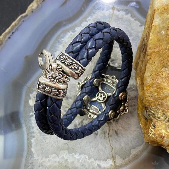 Carolyn Pollack Sterling Denim Lapis Navy Braided Leather Bracelet For Women - Picture 5 of 10